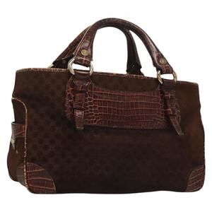 CELINE Macadam Canvas boogie Hand Bag Embossed Leather Brown Gold Auth 133965